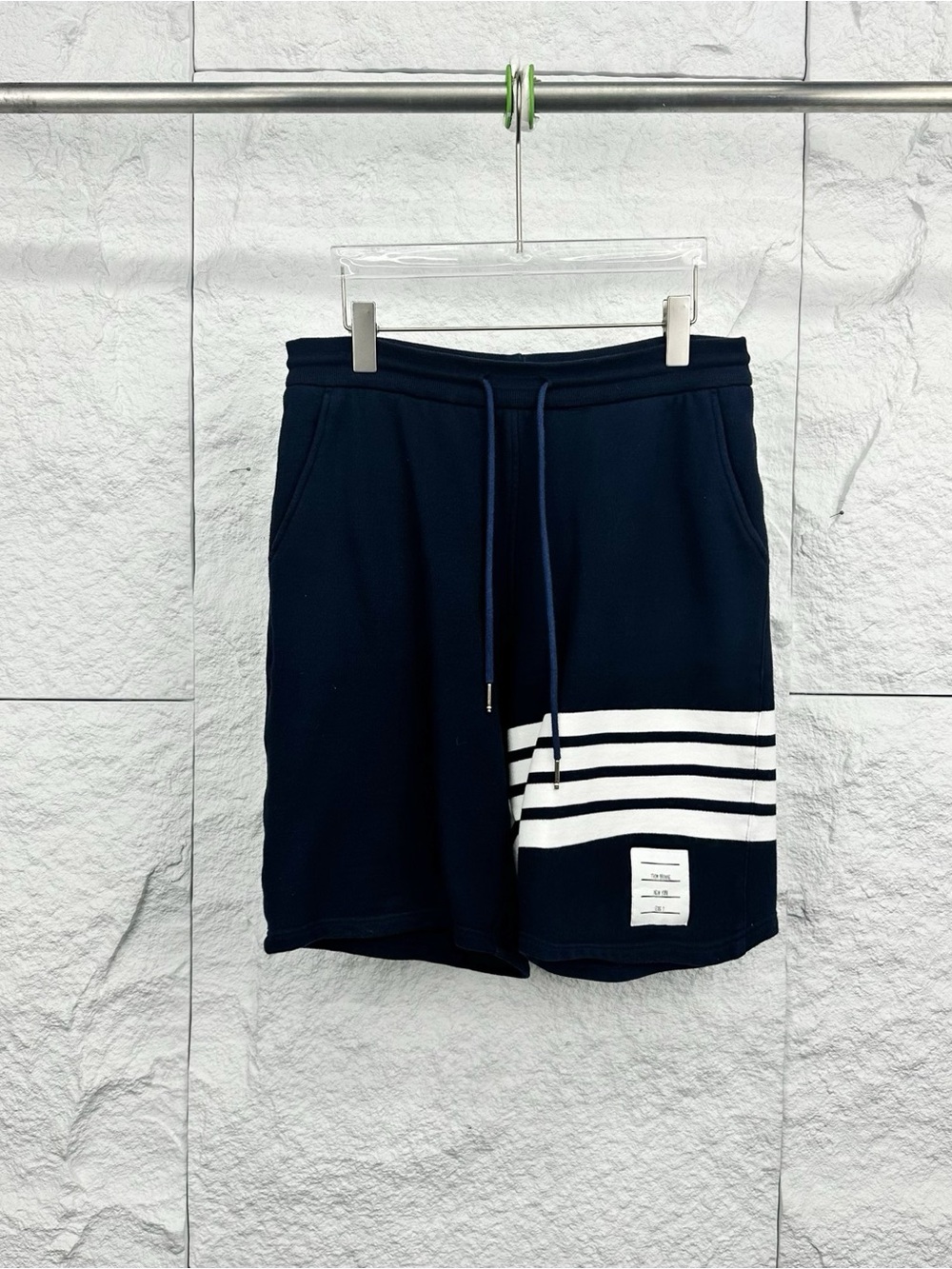🚩steal Thom Browne Navy Knit Drawstring Shorts with White Stripes